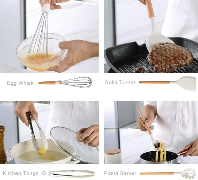 11 Pieces heat resistant  Silicone Kitchen Utensil Sets With Holder,Wooden Handle