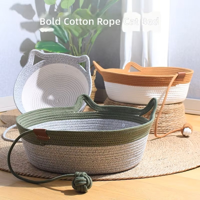 Cotton Rope Handwoven Basket Pet Cushion With Toy Balls Cat Bed