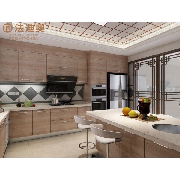 Wood Grain Stainless Steel Kitchen Cabinet with Quartz Countertop