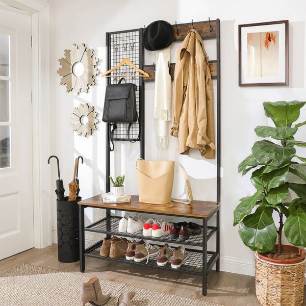 Coat Stand With Grids Panel, Industrial Hallway Coat Rack, Wooden Coat Stand, UHSR98BX