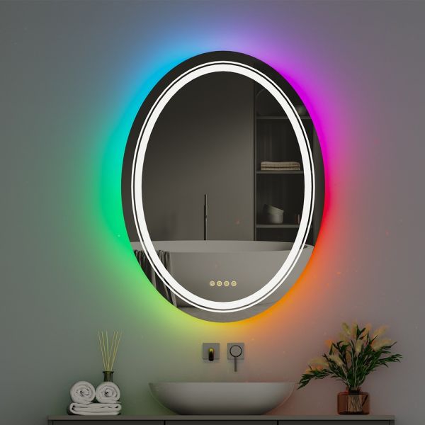 Oval RGB LED Lighted Smart Bathroom Mirror High Definition Eco-Friendly Explosion-Proof Anti-Fog Modern Design IP44 Illuminated