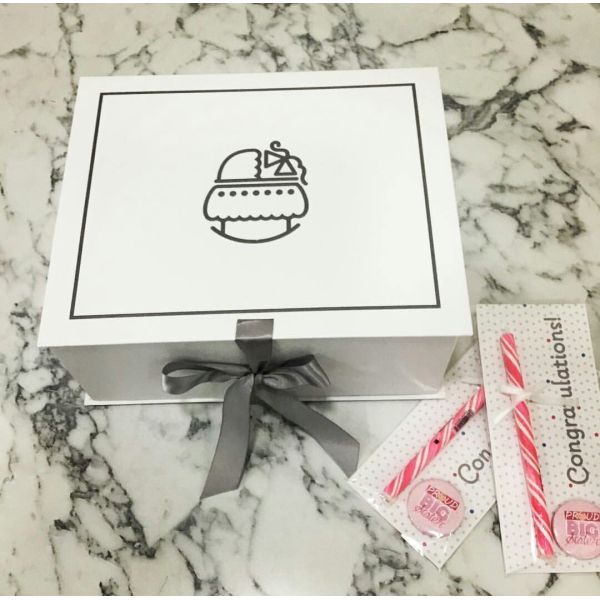Matte White Printed Logo Rigid Paper Gift Box Baby Gift Packaging With Ribbon Closure