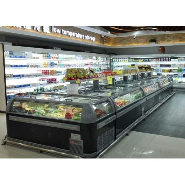 Coated Steel Large Supermarket Island Freezer With Sliding Glass Door