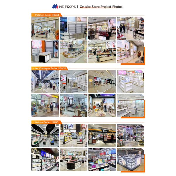 Estancia de la tienda Escalera de madera gris Isla de maquillaje para la marca Muebles de exhibición y mostrador de la tienda de alta calidad