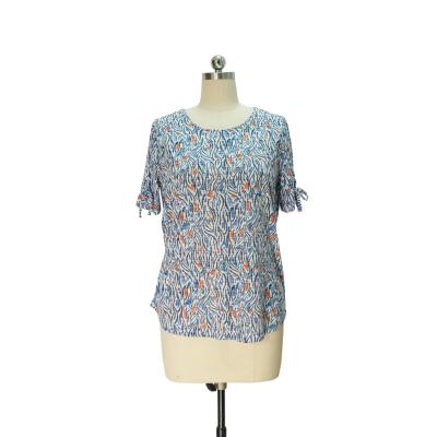 Abstract Print Short-Sleeve Top with Tie Cuffs