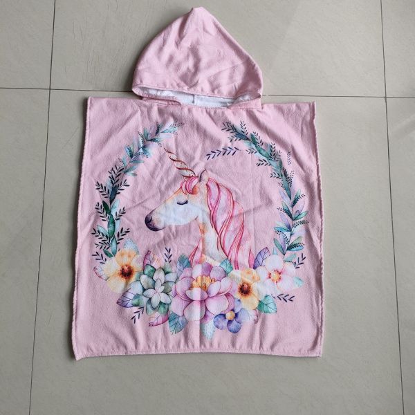 Custom Cartoon Printed  Microfiber Kids Hooded Beach Towel Poncho
