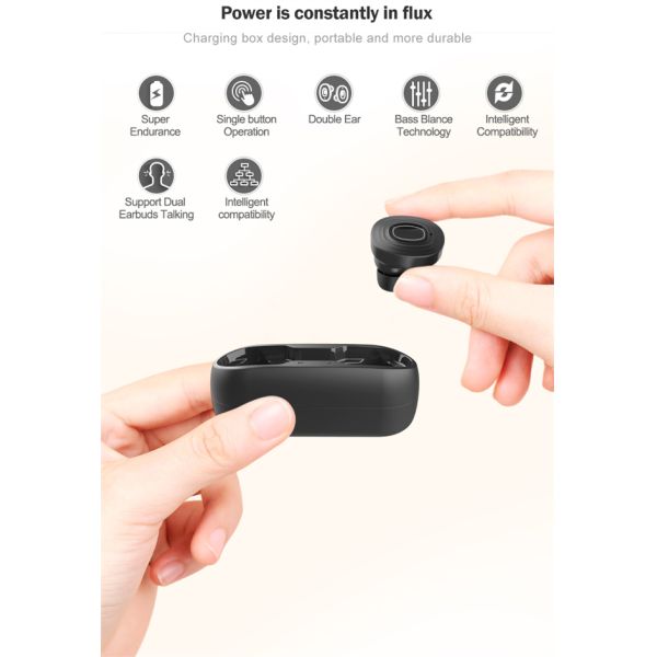 Black Color 50mAH True Wireless Stereo Headphones With Heavy Bass