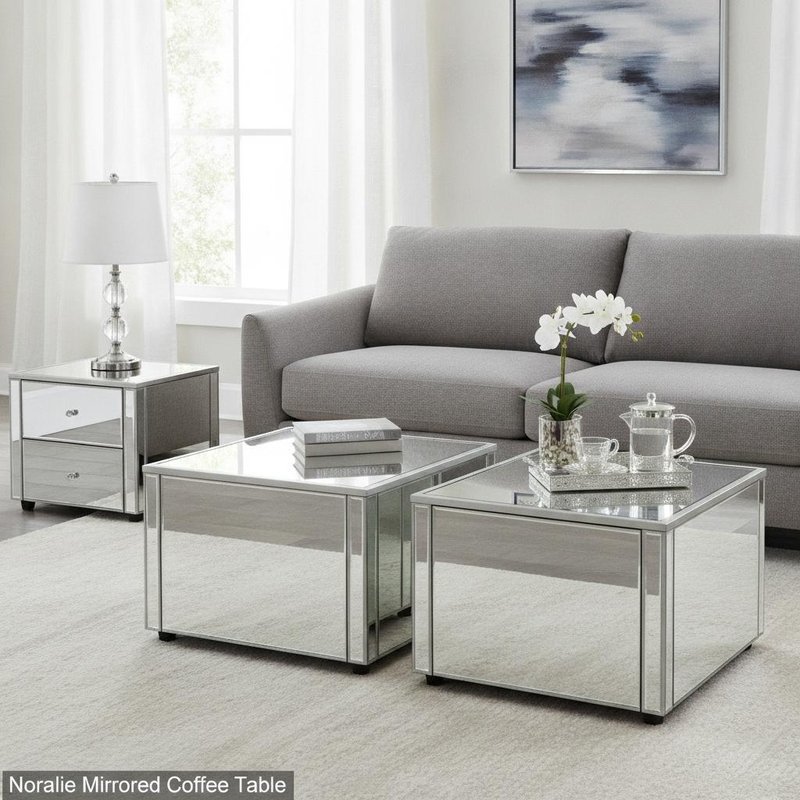 Noralie Mirrored Finish Coffee Table with Square Glass Top and Contemporary Design