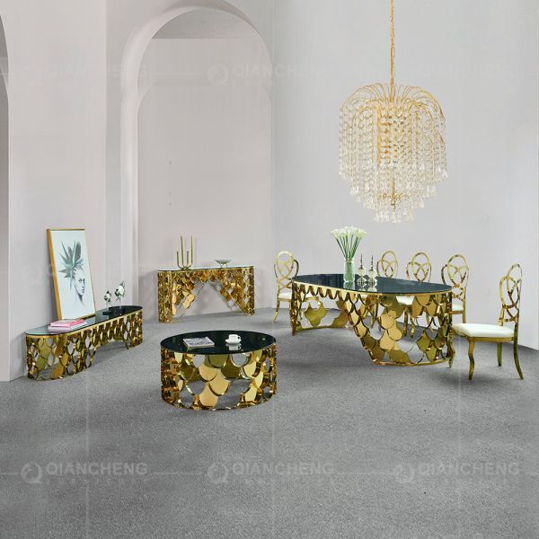Rectangular 200x100x75cm SS Dining Tables Elegant Gold With Glass Top