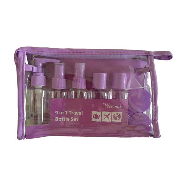 Ensemble de voyage en plastique de 9 pièces de 60 ml, contenant des bouteilles, des pompes à lotion, des vaporisateurs, des bouchons à rabat, des pots réutilisables