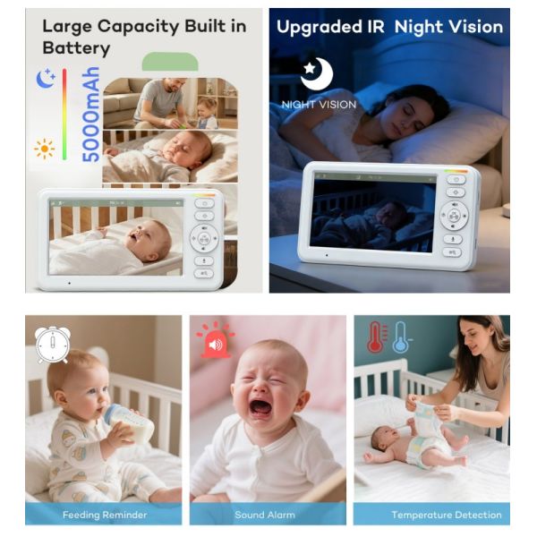 Video Baby Monitor Camera 5.0 Inch Wireless Two-Way Talk Night Vision Digital 5000mAh Battery 360 Degree Baby Monitoring Camera