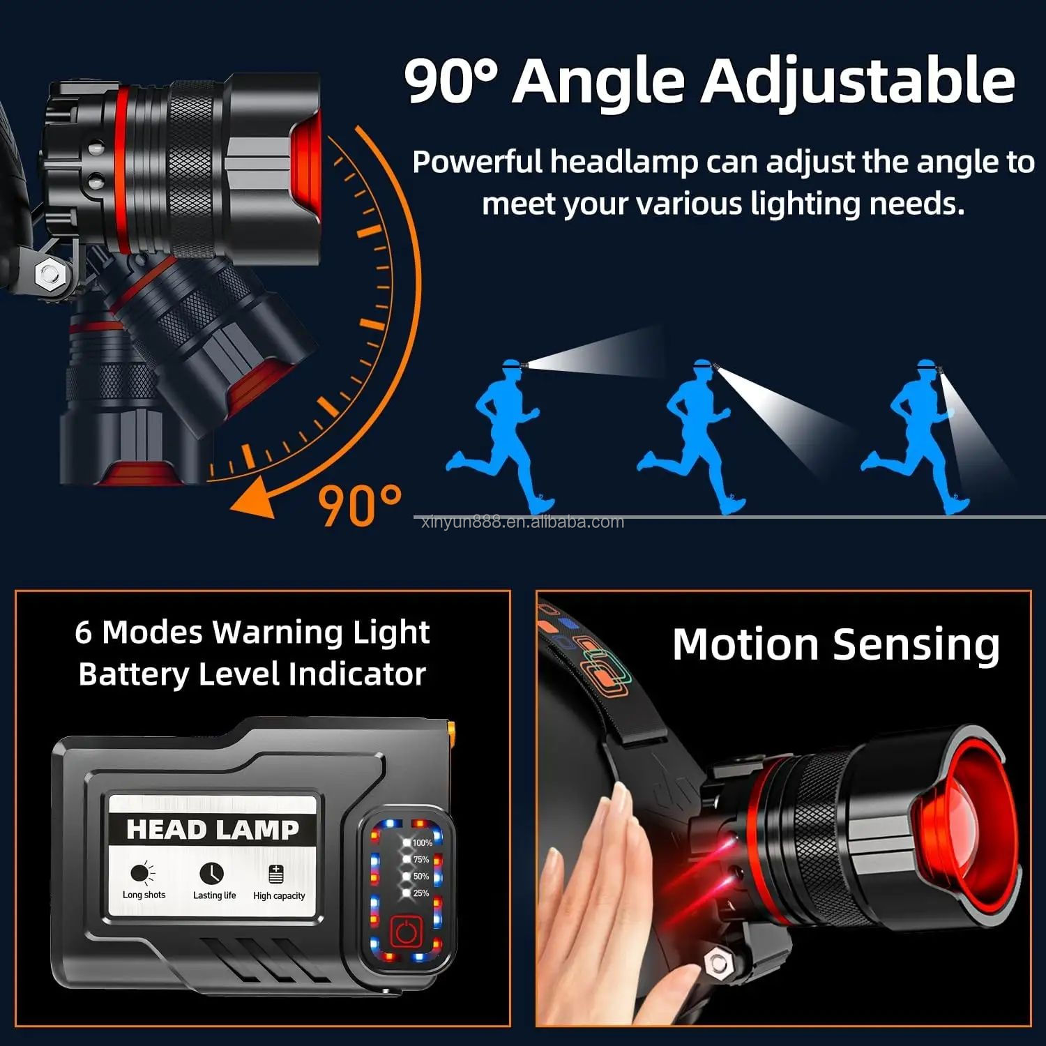 Cross-border Charging Outdoor Night Fishing Camping Hiking Emergency Lamp Induction Stretching Zoom Warning Strong Head Lamp