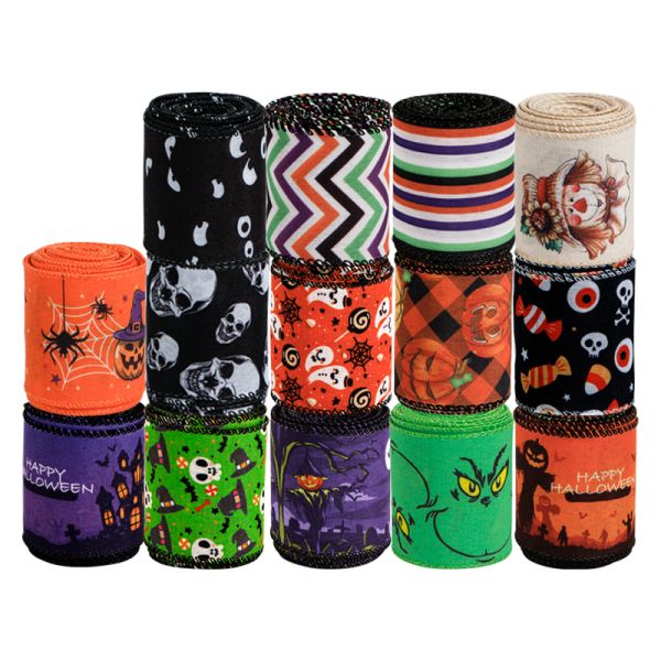 MSD 2.5 Inch Wired Edge Burlap Ribbon Halloween Pattern Ribbon for Holiday Decorate