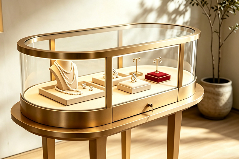 Luxury Oval Glass Jewelry Showcase Table with Brushed Gold Metal Frame and Lockable Front Drawer