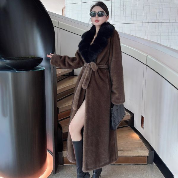 Elegant Plus Size  Long Faux Fur Coat Dark Brown  Faux Ladies Coats V Neck