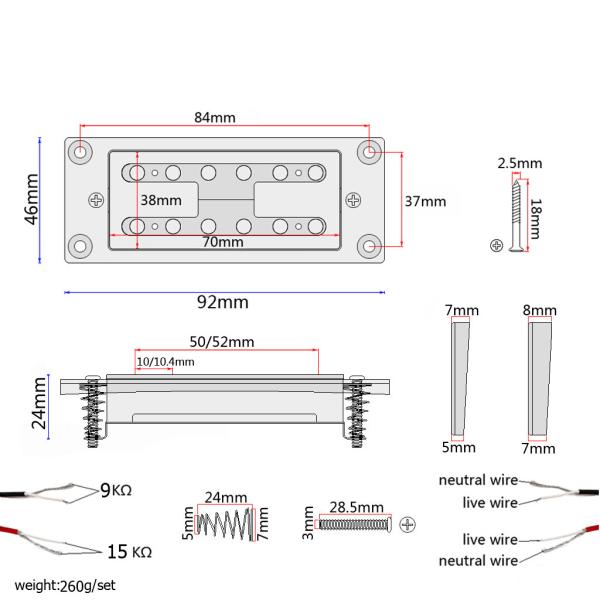 H Style Dual Coil Pickup N9K/B15K Output ABS Metal Humbucker Pickup Set com parafusos