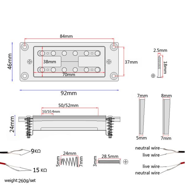 H estilo de recogida de doble bobina N9K/B15K salida ABS Metal Humbucker recogida de conjunto con tornillos