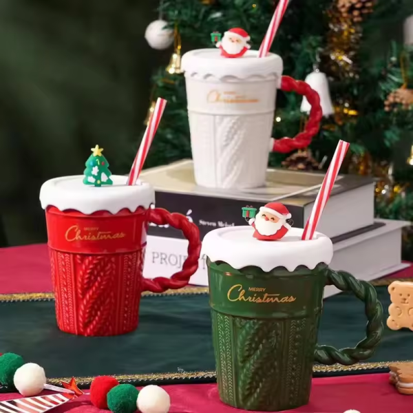 2024 Ceramic Christmas Mug Water Cup With Lid And Straw For Office Home Drinking Mug Children's Gift Design