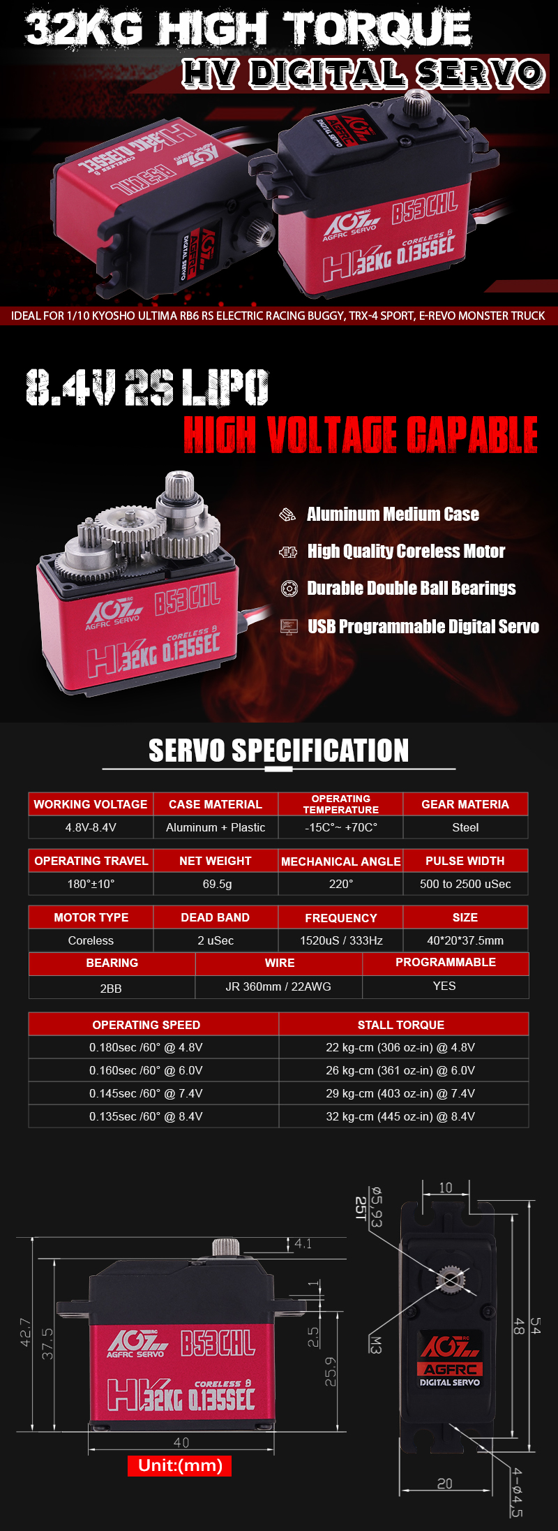 Hot AGFrc Coreless Motor Steel Gear 32 Kg-cm Hi-Torque Digital Servo For 10th RC Truck Cars/Airplanes