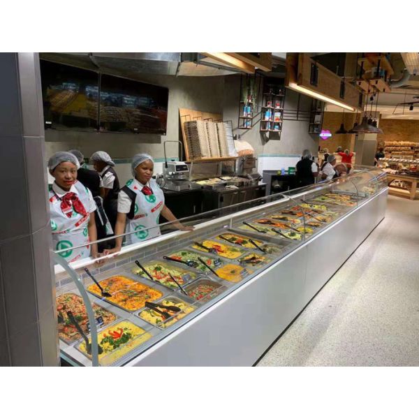 Open Curved Warm Deli Showcase Front Glare Free Glass Manual Humidifier