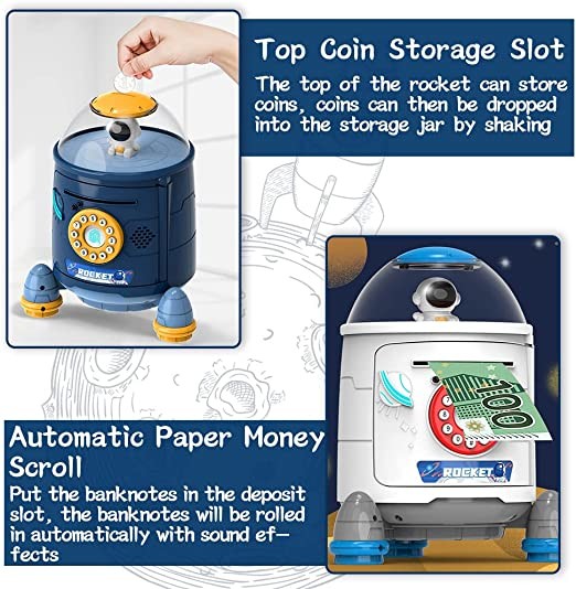 Kids ABS Material Pink And Blue Color Rocket Piggy Bank For Educational