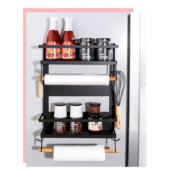 4 Tier Magnetic Fridge Organizer for Kitchen Paper Towel Holder 5 Hooks and 2.6KG Capacity