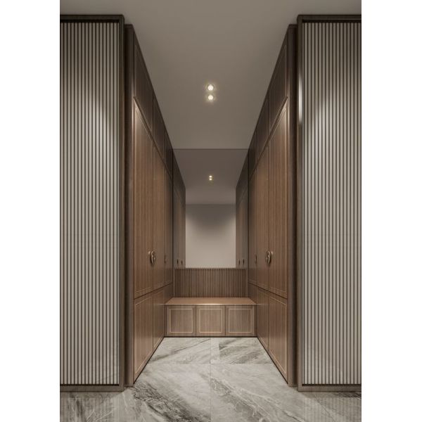 Elegante armario de madera marrón claro con acentos amarillos y rico contraste de madera oscura