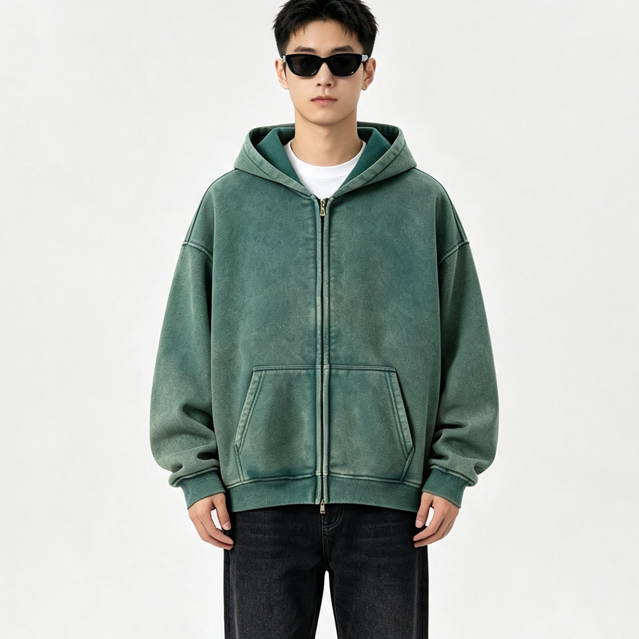 Men’s Vintage Washed Zip-Up Hoodie Oversized Fleece Lined Winter Casual Sweatshirt