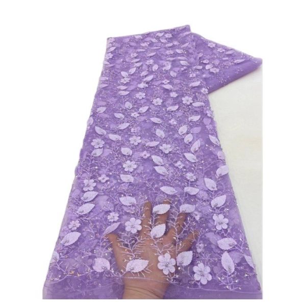 Luxury Beaded Lace Fabric lilac flower lace fabric applique for dress 3d flower lace fabric for women