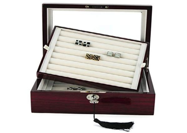 Wooden Cufflink Box  Large Luxury Glossy Lacquer Finish Display Case Glass Lid