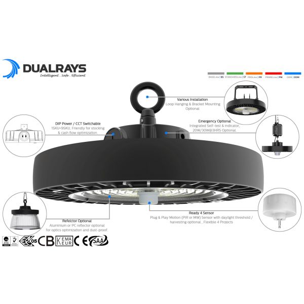 HB4H DIP Switchable Power and 3CCT UFO LED High Bay Light 200W 170LPW with Ready for Sensor (PIR or Micorwave Sensor with Daylight Sensor Piiority)