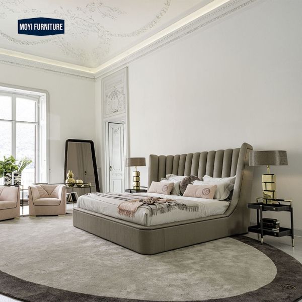 MOYI Italy Modern Style Microfiber Leather Bed Room king Size Furniture Big Velvet Head Boards Brown Diamond Double king Bed