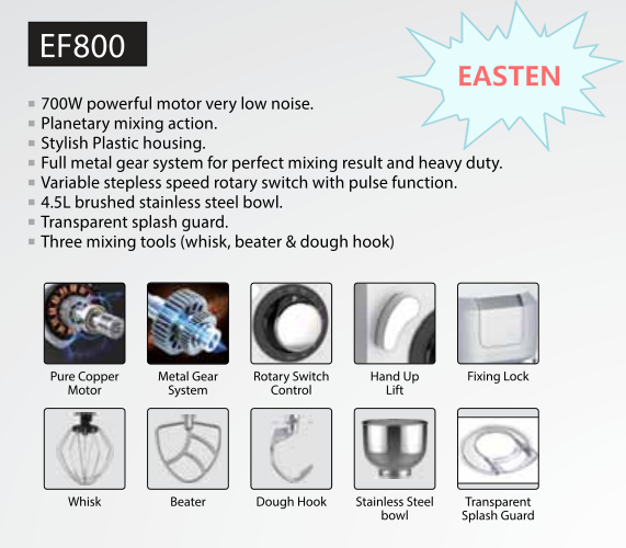 Easten 700W Kitchen Good Aid Stand Mixer EF800/ 4.5 Liters Baking Use Stand Mixer/ Food Stand Mixer With Bowl