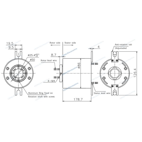 Anillos de deslizamiento de eje hueco a través del agujero 25 mm para la industria y máquinas rotativas