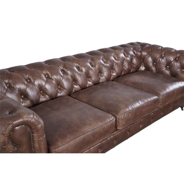 Rolled Arms Three Seater Brown Leather Sofa , 100 Genuine Leather Couch Home Furniture