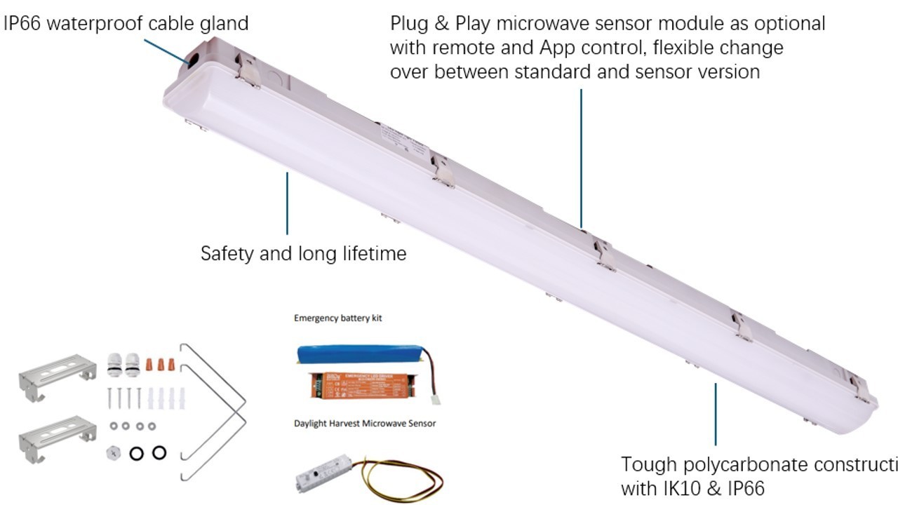 Industrial LED Tri Proof Light IP66 IK10 2ft/4ft/5ft/8ft 120-277V/120-347V Input Voltage