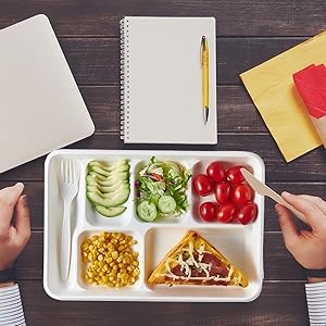 Compostable 6 Compartment Plates, 90 Pack Compartment Paper Plate, 12.5 * 8.6 inch Disposable School Lunch Trays