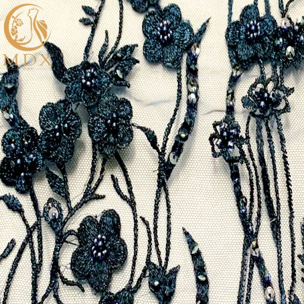 Navy Blue 3D Floral Embroidery Lace Fabric For Evening Party Dress