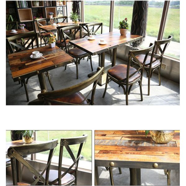 Customized Retro Industrial Fast Food  Furniture Wooden Cafe Restaurant Tables and Metal Leather Chairs