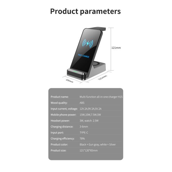 3 In1 Fast Qi Wireless Charger Holder 15w Magnetic Charger for Mobile Phone Iwatch Custom Led Logo and 5V/2A Output