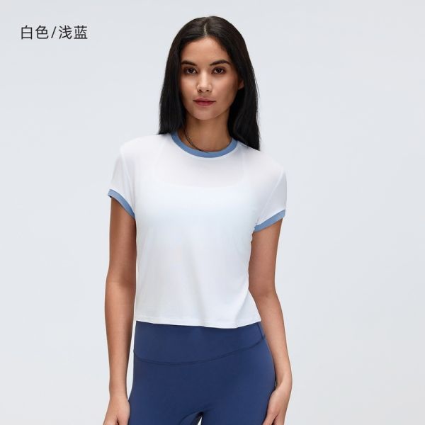 White and Green Trim Ringer T-Shirt Slim Fit Crop Top for Casual and Workout Wear