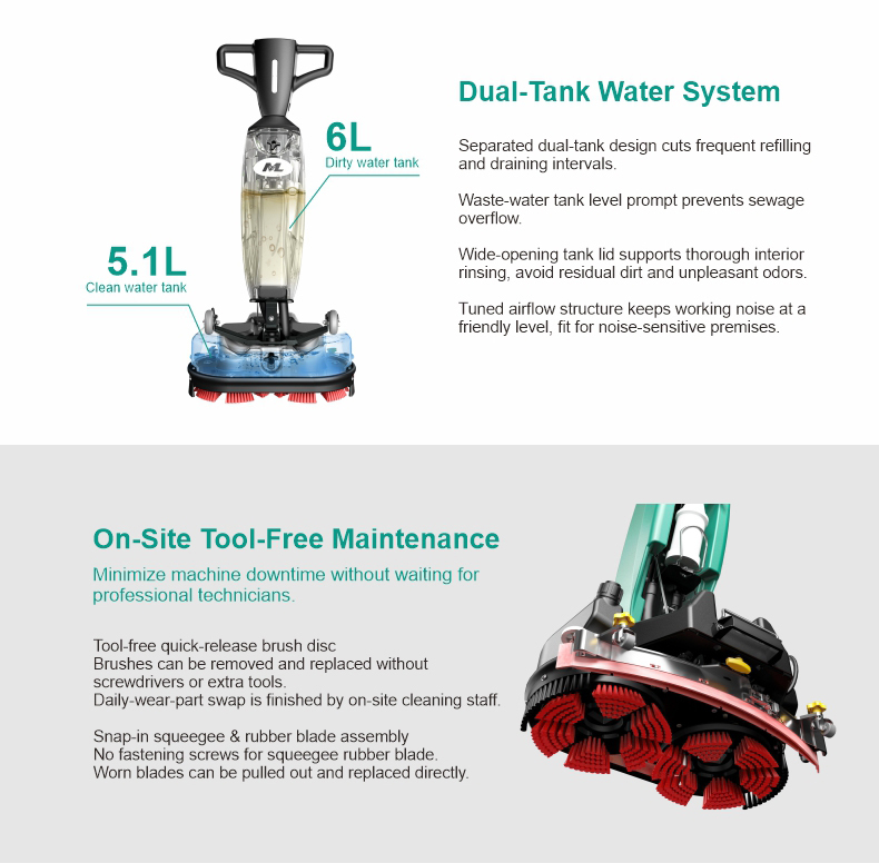 Compact Walk-Behind Floor Scrubber Dual 250MM Brushes 80 Mins Runtime