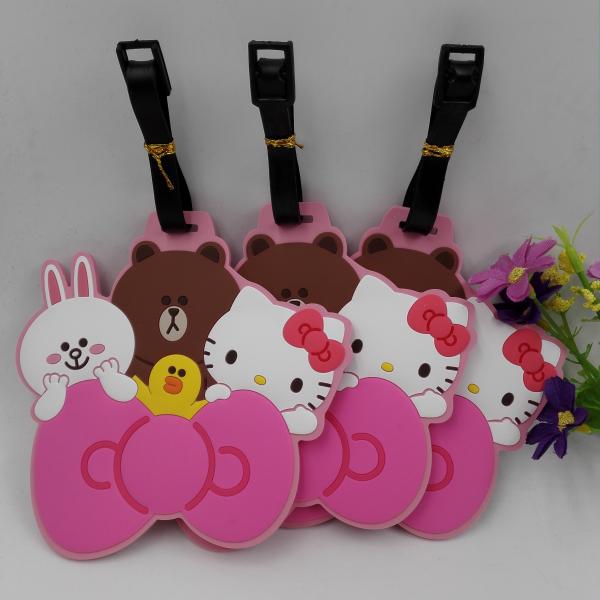 Pink Hello Kitty Friends Rubber PVC Luggage Tags Suitcase Luggage Tags With Black Plastic Rope, Accept OEM 2D Or 3D