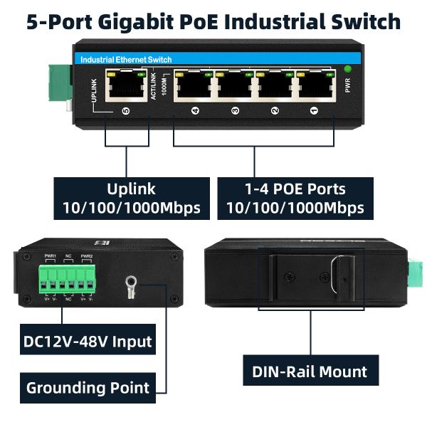 5-портовый солнечный PoE-коммутатор MPPT с питанием от батареи, гигабитный, E-Mark, сетевой, 120 Вт, вход DC12V/DC24V/DC48V