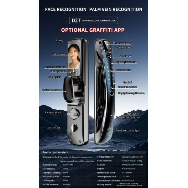 Factory Selling Durable Anti-Theft Smart Fingerprint & WiFi 3D Face Recognition Door Lock with Key