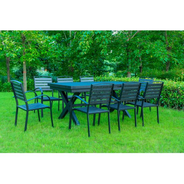 9 Pieces Black Plastic Wood Modern Outdoor Garden Furniture Table Set 8-10 Seater Extendable Patio Dining Table Chairs
