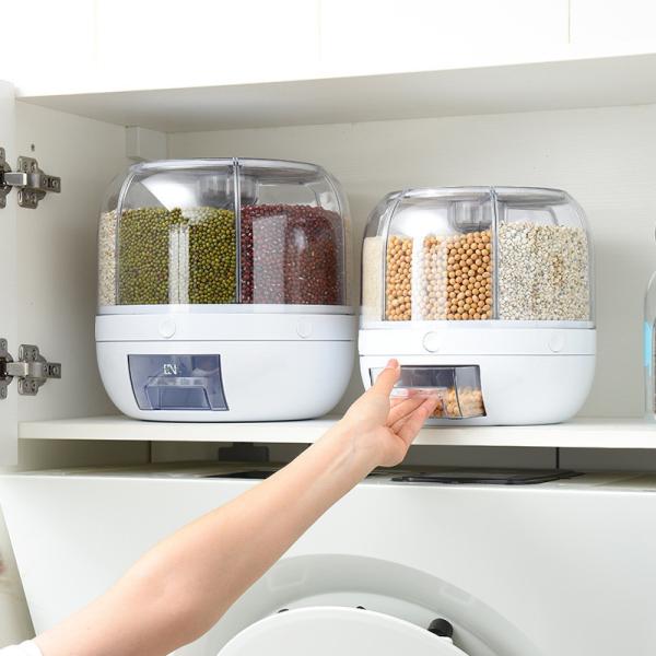 Kitchen Moisture-Proof 6-Grid Rotating Food Grain Dispenser with Custom Logo Rice Box