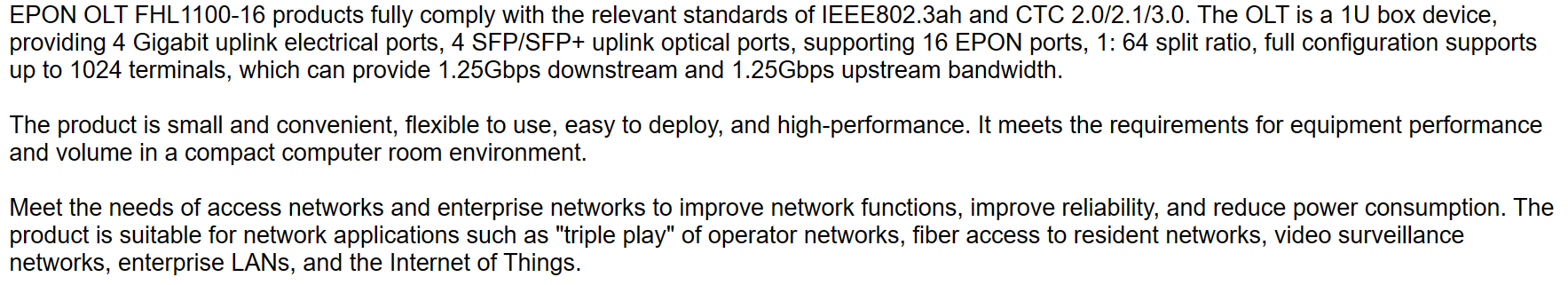 EPON OLT 16PON 4GE 4x10G SFP FHL1100-16 Terminal de linha óptica