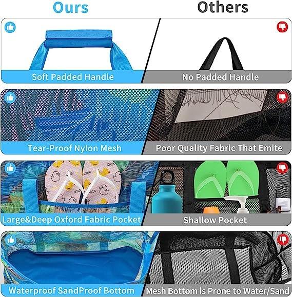 Mesh Beach Bag, Extra Large Beach Bags with 9 Pockets & Zipper Waterproof Lightweight Beach Tote for Beach/Pool Trip