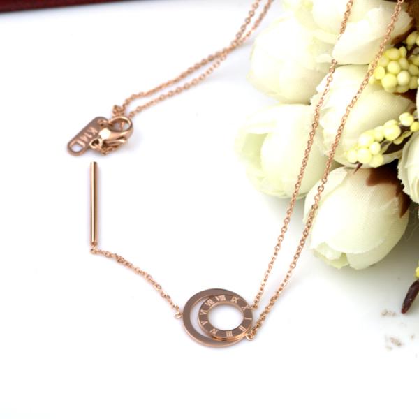 Steel Double Round Cylinder Pendant Long Necklace, Rose Gold Pated Necklace